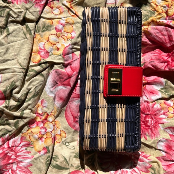 JCrew NWT wicker clutch blue w/ red leather closure - Picture 11 of 11